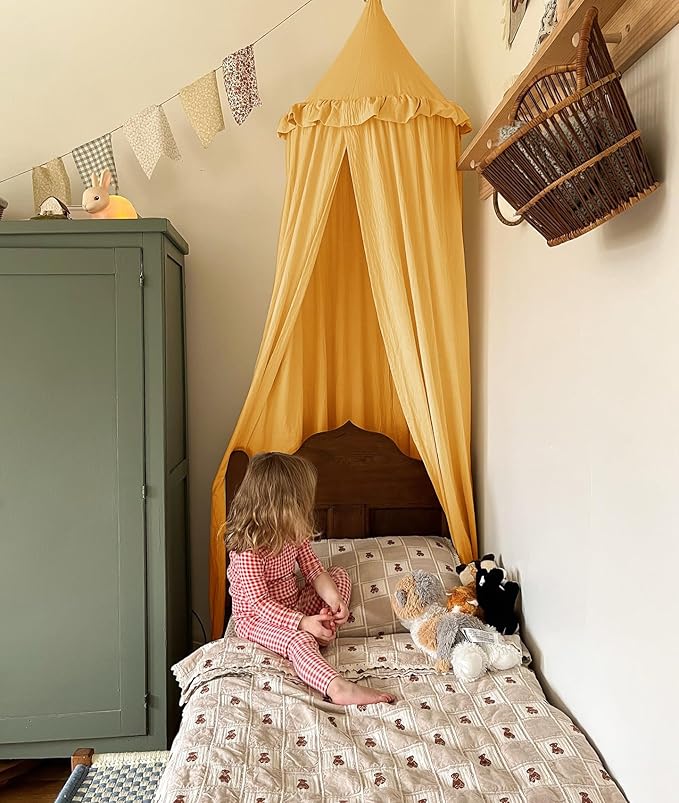 JIKAL Kids Bed Canopy with Ruffles Cotton Hanging Tent Frills Curtain Net for Baby Nursery Room Children Reading Nook Decor