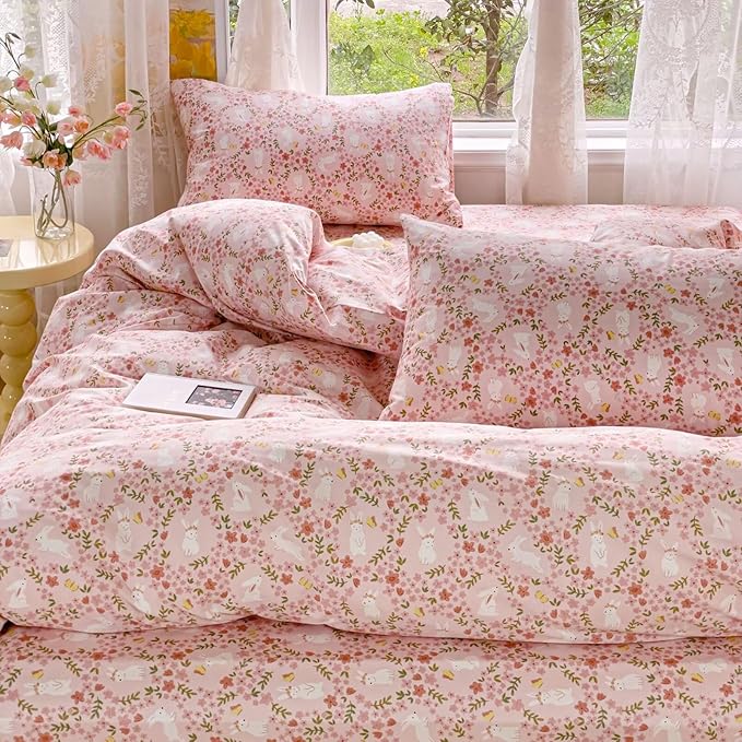 BuLuTu Flowers Rabbit Pattern Pink Duvet Cover Twin, Cute Bunny Duvet Cover for Girls Toddlers Kids 100% Cotton Bedding Set, Animal Twin Comforter Cover 2 Pillow Shams, Zipper Closure