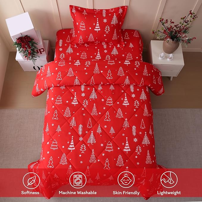 JSD Red Kids Christmas Comforter Set Twin Size, 2 Piece Xmas Tree Printed Microfiber Bedding Set, Machine Washable