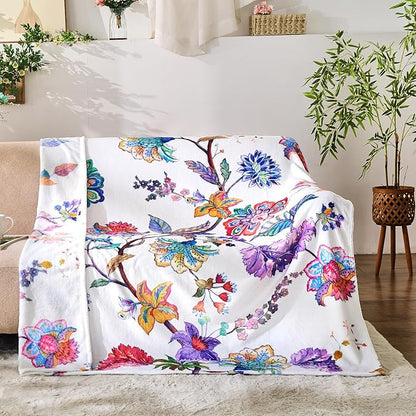 Floral Throw Blanket Birthday Gift for Women Mom Girls Peacock Flowers Blanket Summer Wildflower Flannel Blanket Watercolor Printed Throw for Couch Sofa Bed Chair 60"x80"