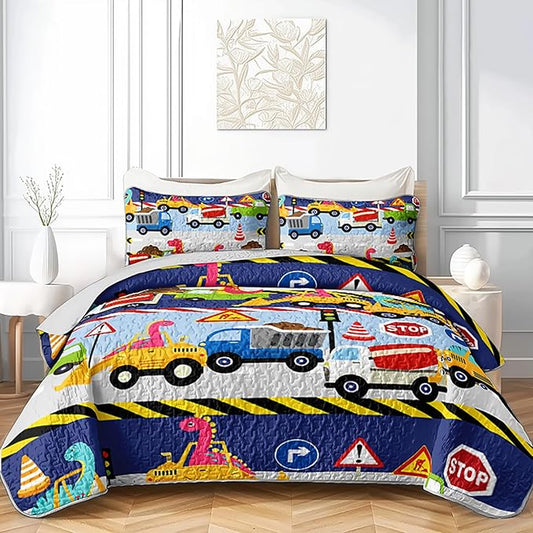 QOOMO Construction Dinosaur Quilt Set Twin Size,Excavator Bedspread Coverlet Set,Tractor 3Pcs Bedding Set Printed Quilt with 2 Pillowcases,Soft and Lightweight,for All Seasons