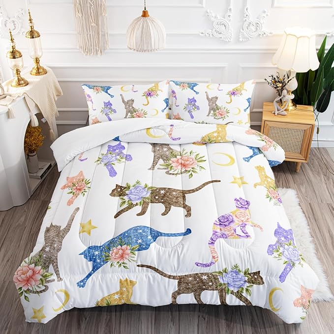 Flowers Cat Bedding Queen Cartoon Stars Moon Comforter 3 Pieces Colored Cute Cats Comforter Set for Teens Kids Boys Girls Adults Kawaii Cat Quilt with 1 Comforter and 2 Pillowcases
