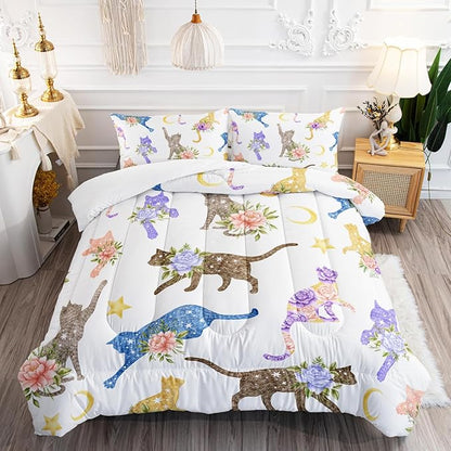 Flowers Cat Bedding Queen Cartoon Stars Moon Comforter 3 Pieces Colored Cute Cats Comforter Set for Teens Kids Boys Girls Adults Kawaii Cat Quilt with 1 Comforter and 2 Pillowcases