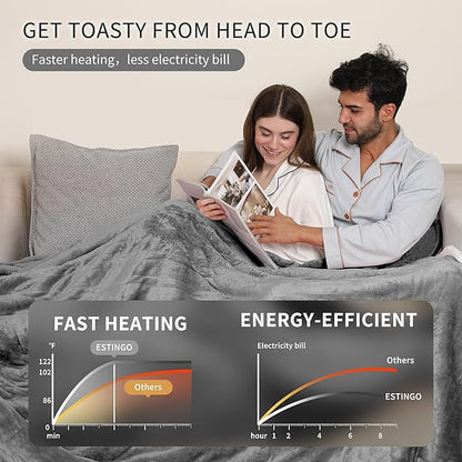 ESTINGO Electric Blanket Queen Size, Queen Heated Blanket Dual Control with 5 Heating Levels & 10 Hours Auto Off, Machine Washable Plush Heating Blanket 84" x 90", Cool Gray