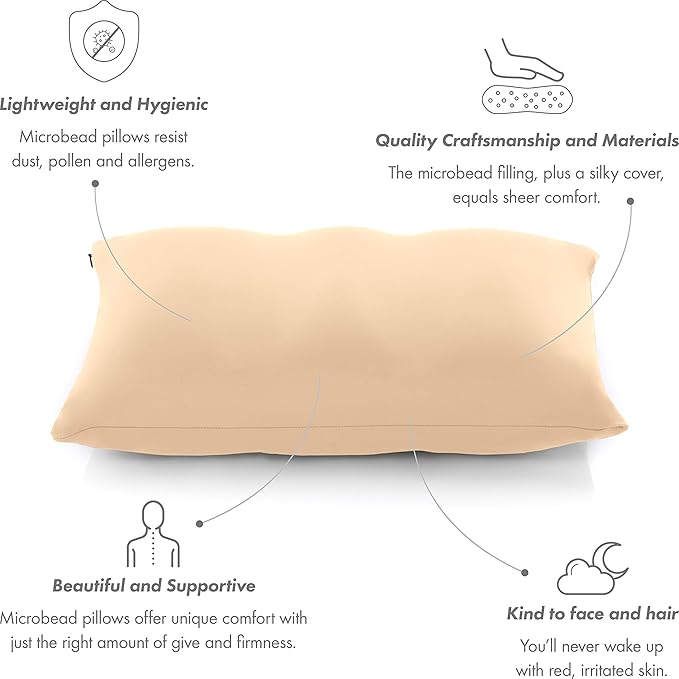 PILLOWY Premium Microbead Bed Pillow, Small Extra Fluffy But Supportive - Ultra Comfortable Sleep with Silk Like Anti Aging Cover 85% Spandex/ 15% Nylon Breathable, Cooling Barely Beige