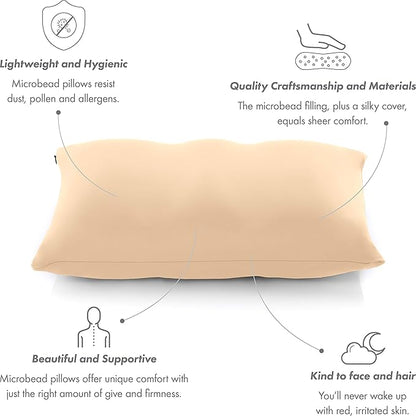 PILLOWY Premium Microbead Bed Pillow, Small Extra Fluffy But Supportive - Ultra Comfortable Sleep with Silk Like Anti Aging Cover 85% Spandex/ 15% Nylon Breathable, Cooling Barely Beige