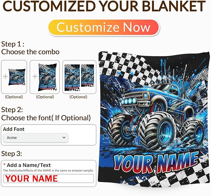 Boys Blanket Gifts Personalized Truck Blankets for Kids Teens Adults - 60" x 80" Custom Name Cool Car Themed Soft Lightweight Flannel Throws for Couch, Sofa, Bedroom Decor (Blue)