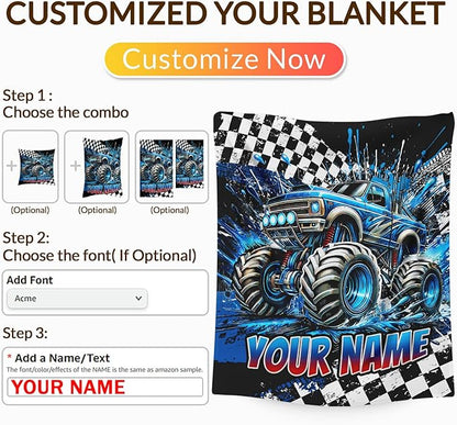 Boys Blanket Gifts Personalized Truck Blankets for Kids Toddlers Boys - 30" x 40" Custom Name Cute Car Themed Soft Lightweight Flannel Throws for Couch, Sofa, Bed, Office, Travel (Blue)