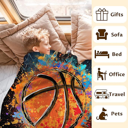 Personalized Basketball Blanket Gifts with Name, 50x40 Inches Sports Throw Blanket for Basketball Lover Kids Teens, Black Soft Fuzzy Blankets for Couch Sofa Bed