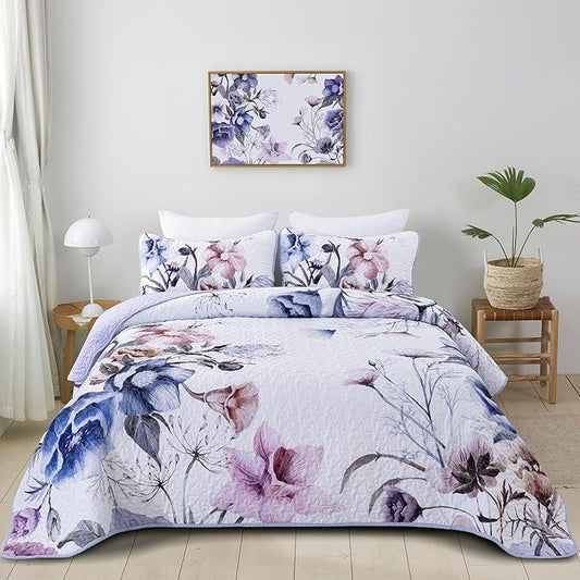 Floral Quilt Set Queen 3 Pieces Light Blue Floral Quilt Coverlet Set Soft Microfiber Lightweight Light Blue Quilted Bedspread for All Season 90"x96"