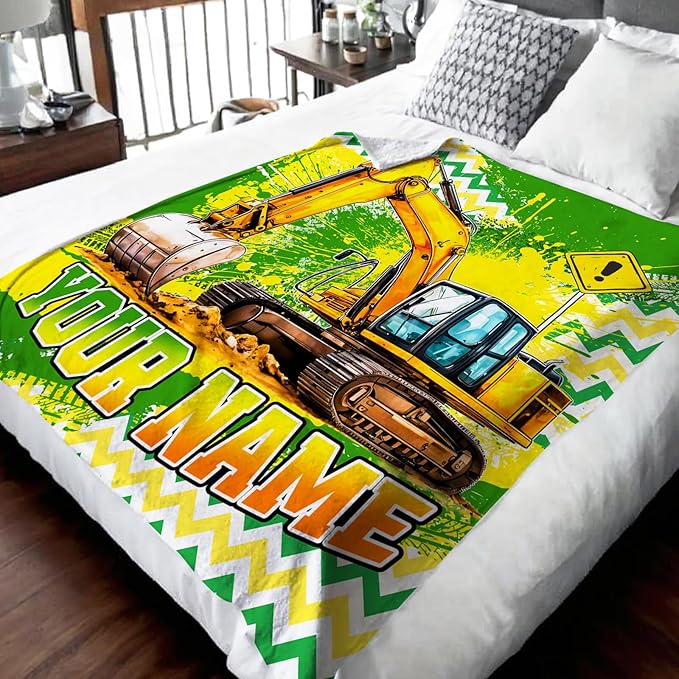 Boys Blanket Gifts Personalized Excavator Blankets for Kids Teens Adults - 60" x 80" Custom Name Cool Construction Car Themed Soft Lightweight Flannel Throws for Couch, Sofa, Bedroom Decor
