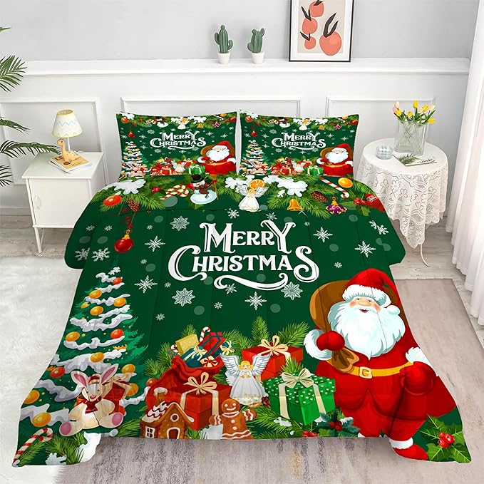 Green Christmas Comforter Set: Full Size Xmas Snowflakes Bedding Sets Cute Santa Claus Quilts Merry Christmas Tree 3 Piece Bed Set for Kids Teens Adults Bedroom Decor
