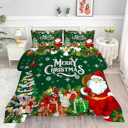 Green Christmas Comforter Set: Full Size Xmas Snowflakes Bedding Sets Cute Santa Claus Quilts Merry Christmas Tree 3 Piece Bed Set for Kids Teens Adults Bedroom Decor