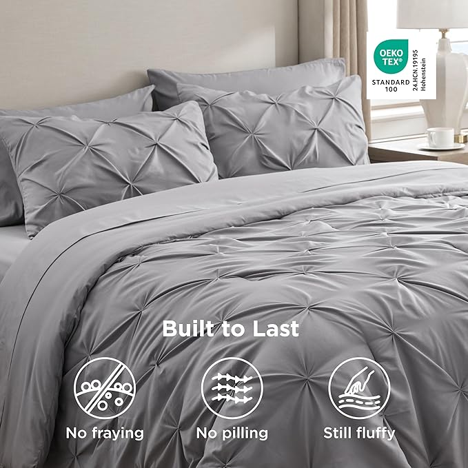 Bedsure Oversized King Comforter Set Grey - Bed in a Bag Bedding Set 7 Pieces, GentleSoft™ Pintuck Bed Set Gift for Family, Pinch Pleat Grey Comforter with Sheets, Pillowcases & Shams