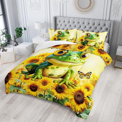 Cartoon Green Frog Comforter 3Pcs Full Yellow Sunflower Butterflies Bedding Set for Kid Teen Girl Boy Adult 3D Wild Animal Botanical Pattern Quilt Bed Decor with 1 Comforter and 2 Pillowcases