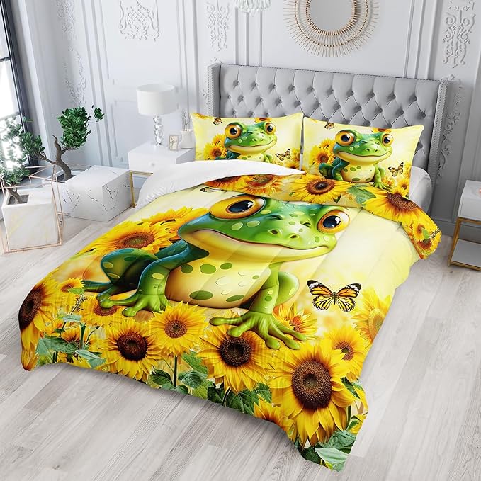 Cartoon Green Frog Comforter 3Pcs Queen Yellow Sunflower Butterflies Bedding Set for Kid Teen Girl Boy Adult 3D Wild Animal Botanical Pattern Quilt Bed Decor with 1 Comforter and 2 Pillowcases