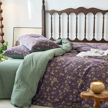 BuLuTu Muslin Cotton Duvet Cover Set Full Size Jacquard Textured Quilt Cover Linen Like Gauze Comforter Cover with 2 Pillowcases, 80"x90", Purple Floral Bedding Set with Zipper & Corner Ties