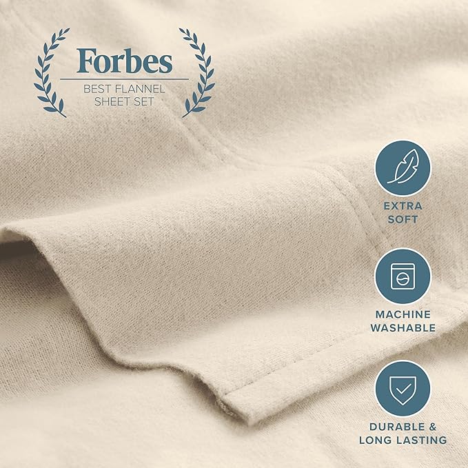 Bare Home Flannel Sheet Set 100% Cotton Twin Extra Long, Velvety Soft Heavyweight - Double Brushed Flannel - Deep Pocket (Twin XL, Sand)