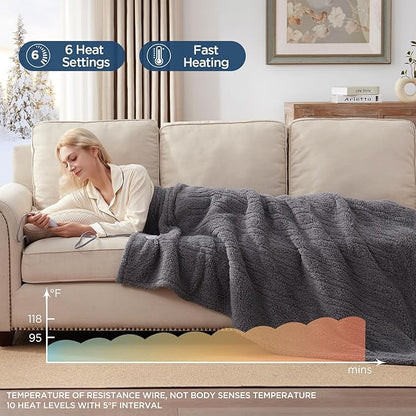 Westinghouse Electric Blanket Throw Size, Soft Plush Sherpa Heated Blanket with 6 Heating Levels & 2-10 Hours Auto-Off, Machine Washable, 50x60 inches, Darkgrey
