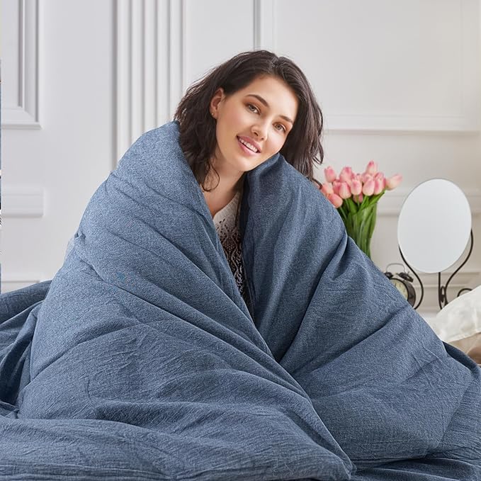NEXHOME PRO Duvet Cover King 100% Washed Cotton, Organic Natural Linen Like Textured, Breathable, Durable, Home Bedding Set, Heathered Blue 10490