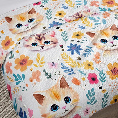 Kawaii Cat Quilt Set,Orange Cat Flowers Pattern Bed Set for Toddler Kids Girls Room Decor,Cute Bedding King Quilted Sets with 2 Pillowcases.
