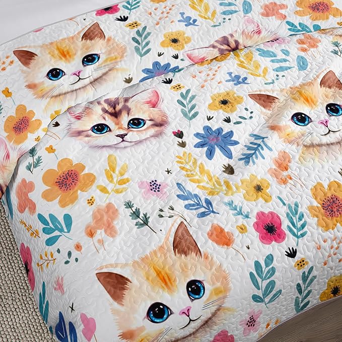 Kawaii Cat Quilt Set,Orange Cat Flowers Pattern Bed Set for Toddler Kids Girls Room Decor,Cute Bedding Twin Quilted Sets with 2 Pillowcases.