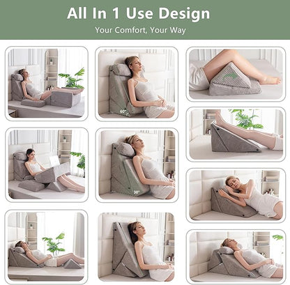 HIGOGOGO 10PCS Orthopedic Bed Wedge Pillow Set – Adjustable Soft Foam Body Positioners for After Surgery Recovery, Back & Leg Pain Relief, Sitting Up in Bed, Acid Reflux & GERD, Grey