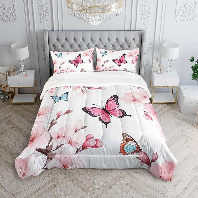 Colorful Butterfly Cherry Blossom Comforter 3Pcs Queen Sakura Flower Romantic Butterfly Bedding Set for Kid Teen Girl Boy Adult Petal Floral Quilt Decor with 1 Comforter and 2 Pillowcases