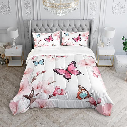 Colorful Butterfly Cherry Blossom Comforter 3Pcs Queen Sakura Flower Romantic Butterfly Bedding Set for Kid Teen Girl Boy Adult Petal Floral Quilt Decor with 1 Comforter and 2 Pillowcases