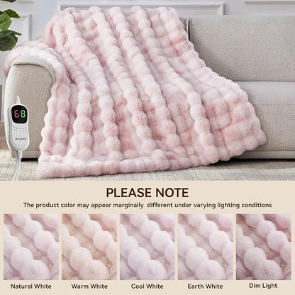 Heated Blanket Throw with 1/2/4/6/8 Hours Auto-Off 10 Heat Level, 50'' * 60'' Cozy Faux Rabbit Fur Bubble Electric Blanket with Overheat Protection(Tie-Dye Pink)