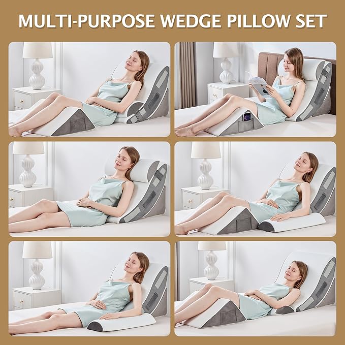 Bed Wedge Pillow, 4PC Adjustable Memory Foam Triangle Wedge Pillow Set For After Surgery, Pillow Wedge For Sleep Apnea, Back Pain Relief, Acid Reflux Relief, Orthopedic Pillow Wedge For Sleeping, Grey