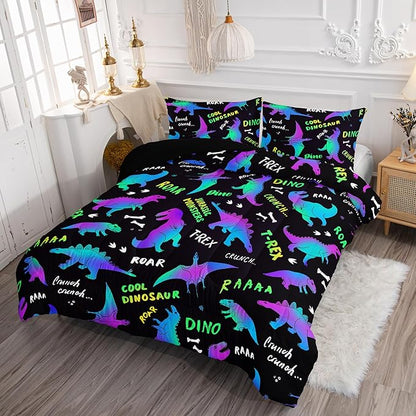Axolotl Cartoon Dinosaur Bedding Set King Size,Gradient Dinosaur Comforter for Kids Teens,Colorful Dino Kids Bed Set,Monsters Bedding for Boys Girls Adults,1 Quilt with 2 Pillowcases All Season,Black