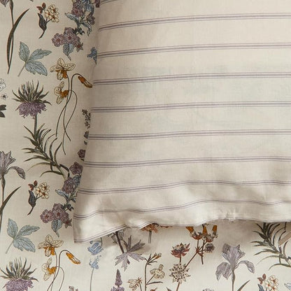 Floral Duvet Cover Beige Striped Bedding Set with Botanical 3 Pieces Kids Boys Girls Stripes Vintage Flower Pattern Reversible Soft Breathable Microfiber Duvet Cover Set with 2 Pillowcases