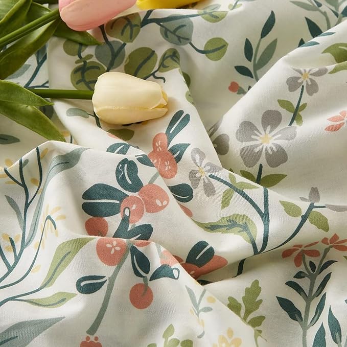 Floral Duvet Cover King Size Boho Aesthetic Green Botanical Bedding Set with Colorful Flower Print Pattern 3 Pcs Soft Microfiber Comforter Cover with Zipper Ties Garden Style