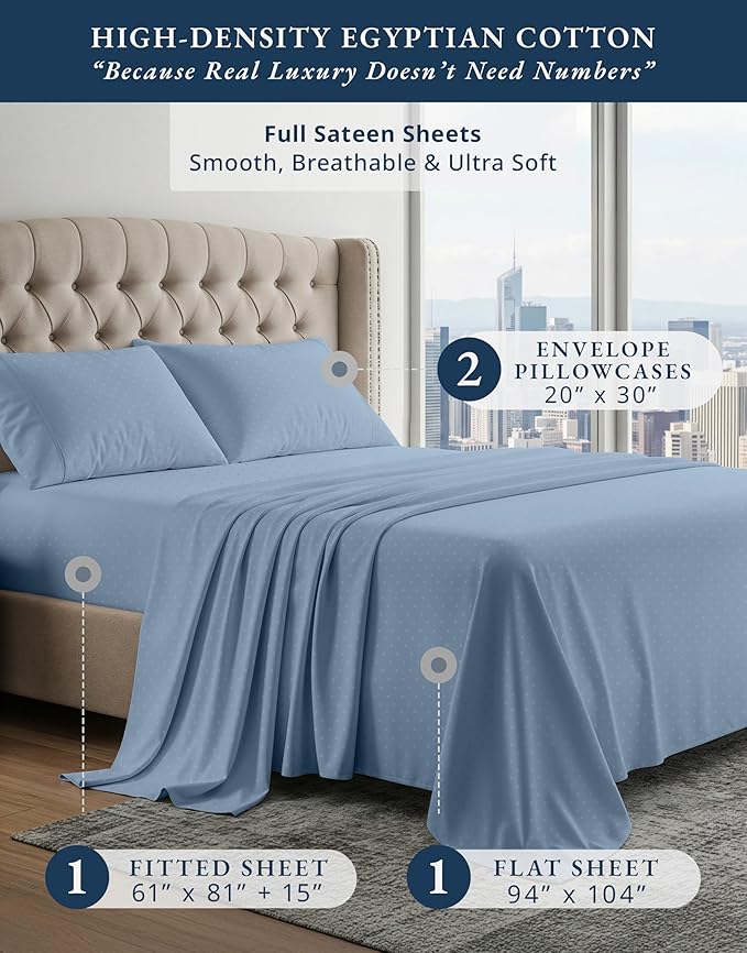 LANE LINEN 100% Egyptian Cotton Bed Sheets - 4PC Full Sheets Set, Long Staple Bedding Sheets, Sateen Weave, Luxury Hotel Sheets, Fits Upto 15" Mattress, Swiss Dot - French Blue