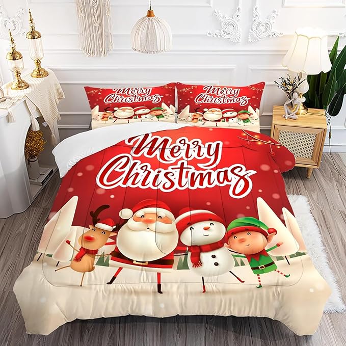 Xmas Bedding Sets Twin Size Christmas Santa Gnomes Comforter Sets Snowing Santa Claus Quilt for Kids Boys Girls Bedroom, 1 Comforter + 1 Pillow Case