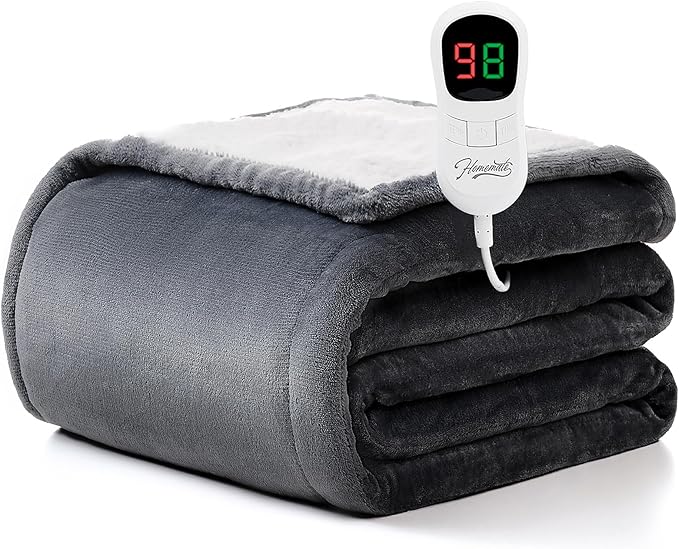 Homemate Electric Heated Blanket Twin Size - 62"x84" Heating Blanket Twin Size 1/2/4/6/8 Hours Auto-Off 10 Heat Level Over-Heat Protection Flannel Sherpa ETL Certification