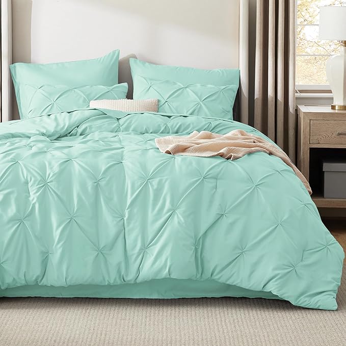 Bedsure King Size Comforter Set Mint Green - Bed in a Bag Bedding Set 7 Pieces, GentleSoft™ Pintuck Bed Set Gift for Family, Pinch Pleat Mint Green Comforter with Sheets, Pillowcases & Shams