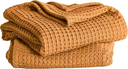 Premium Waffle Blanket Twin Size Caramel - Luxury, Pure 100% Turkish Cotton, Light and Airy Waffle Weave All-Season Quilt - Decorative Bedspread (Caramel, Twin 63" x 91" Inch)