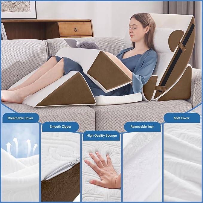 Wedge Pillow Set for After Surgery, 7 PCS Bed Wedge Pillow for Sleeping, Memory Foam Orthopedic Back Pillow for Pain Relief and Acid Reflux, Adjustable Post Surgery Pillow Brown