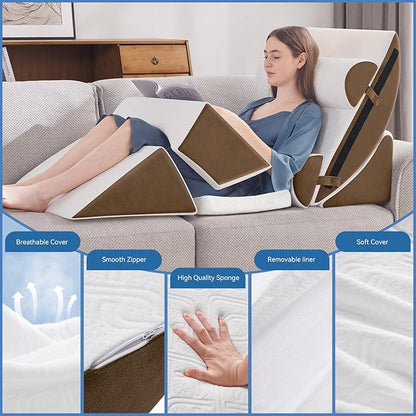 Wedge Pillow Set for After Surgery, 7 PCS Bed Wedge Pillow for Sleeping, Memory Foam Orthopedic Back Pillow for Pain Relief and Acid Reflux, Adjustable Post Surgery Pillow Brown