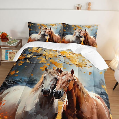 White Brown Horses Comforter Set King Size,Watercolor Painting Autumn Leaves Bedding Set for Kids and Adults Bedroom Horse Decor,Natural Scenery Aesthetics Comforter Set with 2 Pillowcases.