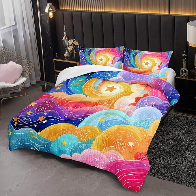 Rainbow Clouds Queen Comforter Set for Girls，Star Bedding Queen Rainbow Kids