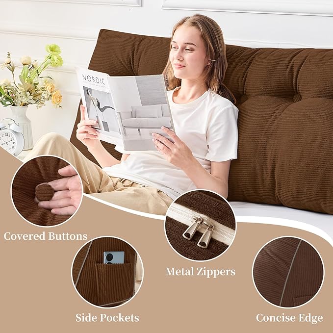 Sasttie Headboard Pillow King, Wedge Pillow Headboard for Sitting Up in Bed, Back-Rest Support Triangular Cushion for Reading - Features Removable Washable Cover, Brown