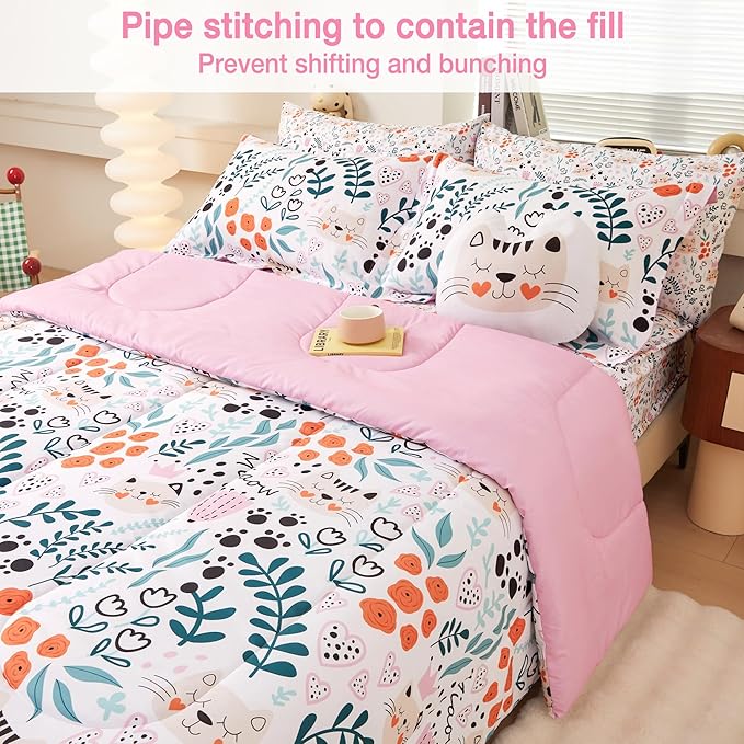 Mooreeke Full Size Comforter Sets for Girls Kids, 8 Pieces Bed in a Bag Flower and Cat Bedding Comforter Sheet Set with Shams and Decorative Toy Pillow, Ultral Soft Microfiber Kids Bed Set