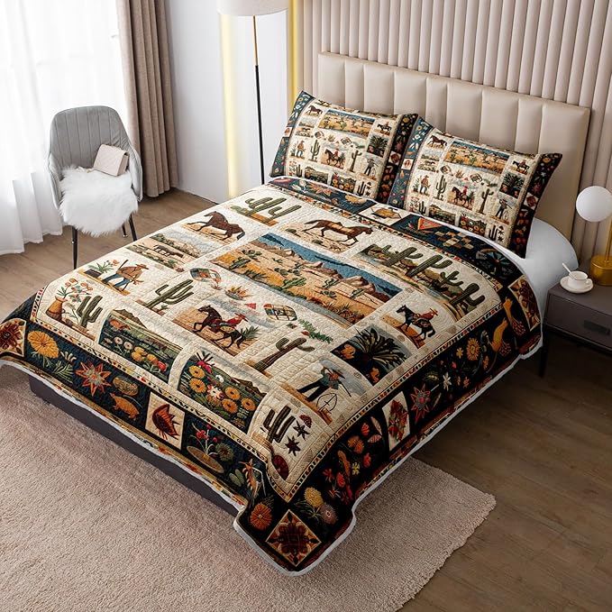 Western Wrangler Brown Horses Quilts Bedding Queen 3Pcs Chic Desert Scenery Cactus Bed Set Wild Plant Flower Pattern Bedspread Coverlet with 2 Pillowcases for Kid Boy Girl Teen Adult Room Decor