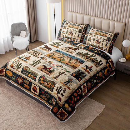 Western Wrangler Brown Horses Quilts Bedding Queen 3Pcs Chic Desert Scenery Cactus Bed Set Wild Plant Flower Pattern Bedspread Coverlet with 2 Pillowcases for Kid Boy Girl Teen Adult Room Decor