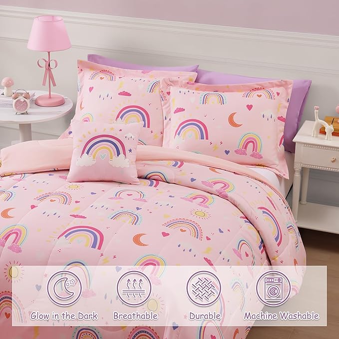 Full Size Comforter Set for Girls-4 Pieces Pink Rainbow Glow in The Dark Full Bedding Sets for Kids, 1 Comforter, 2 Shams and 1 Decor Pillow