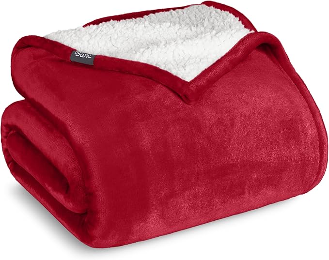 Bare Home Sherpa Fleece Blanket - Throw/Travel Size - Blanket for Bed, Sofa, and Couch - Warm & Lightweight - Fluffy & Soft - Reversible (Throw/Travel, Red)