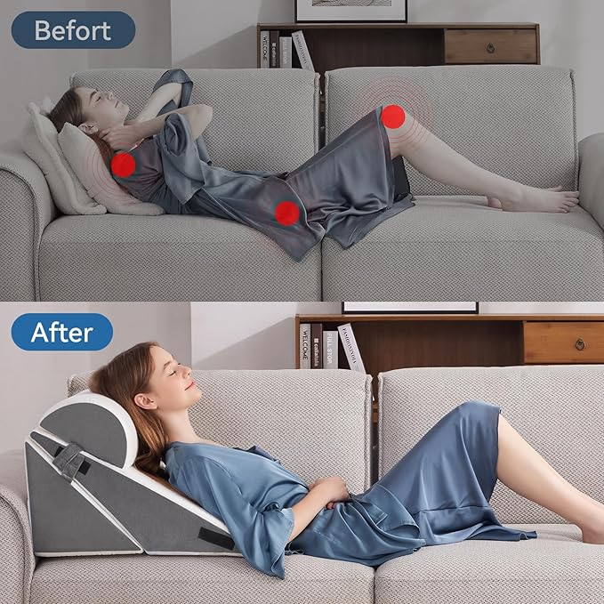 Wedge Pillow Set for After Surgery, 3 PCS Bed Wedge Pillow for Sleeping, Memory Foam Orthopedic Back Pillow for Pain Relief and Acid Reflux, Adjustable Post Surgery Pillow Grey